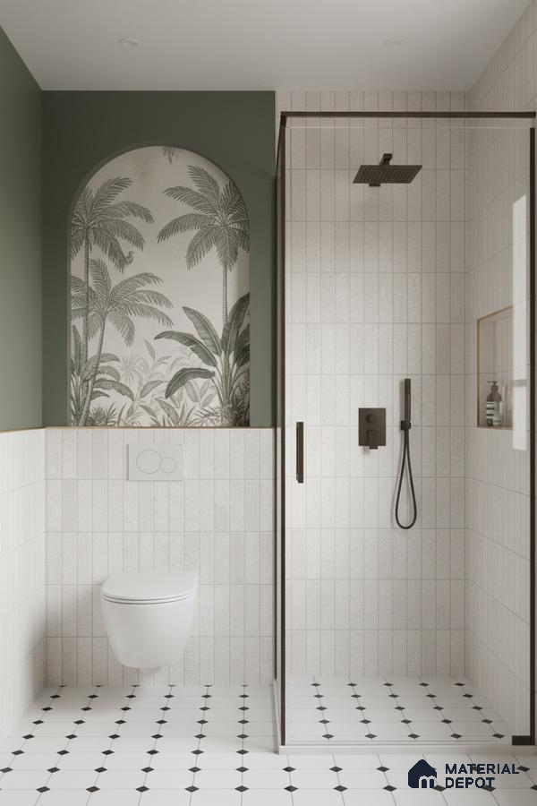 Scandinavian bathroom with white vertical subway wall tiles, tropical arch tile accent, and black-and-white geometric floor tiles | Material Depot