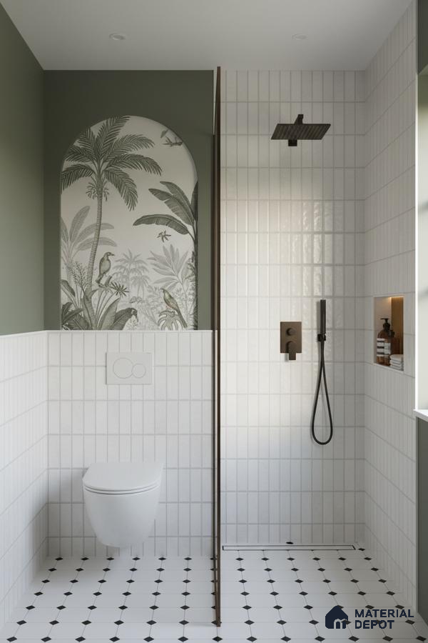 Scandinavian bathroom with white vertical subway wall tiles, tropical patterned accent tile, and black-and-white geometric floor tiles | Material Depot