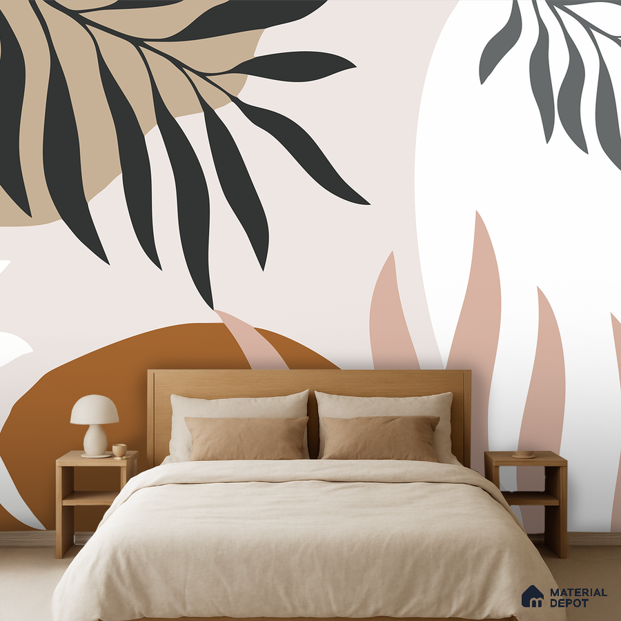 Scandinavian bedroom with abstract botanical wallpaper and light oak wood bed in Bengaluru