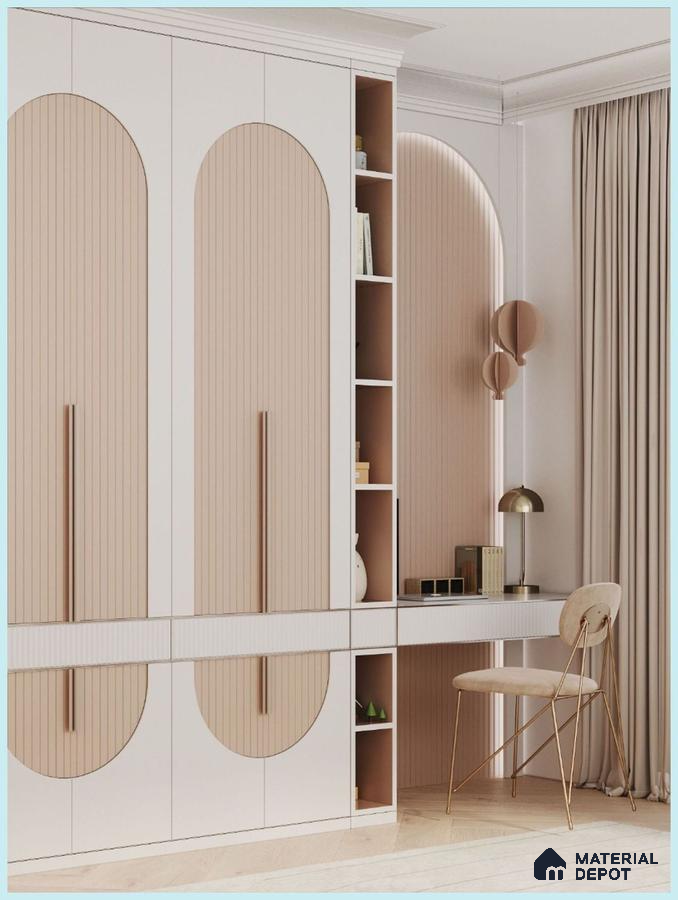 Scandinavian bedroom with beige fluted laminate wardrobe and study desk | Material Depot