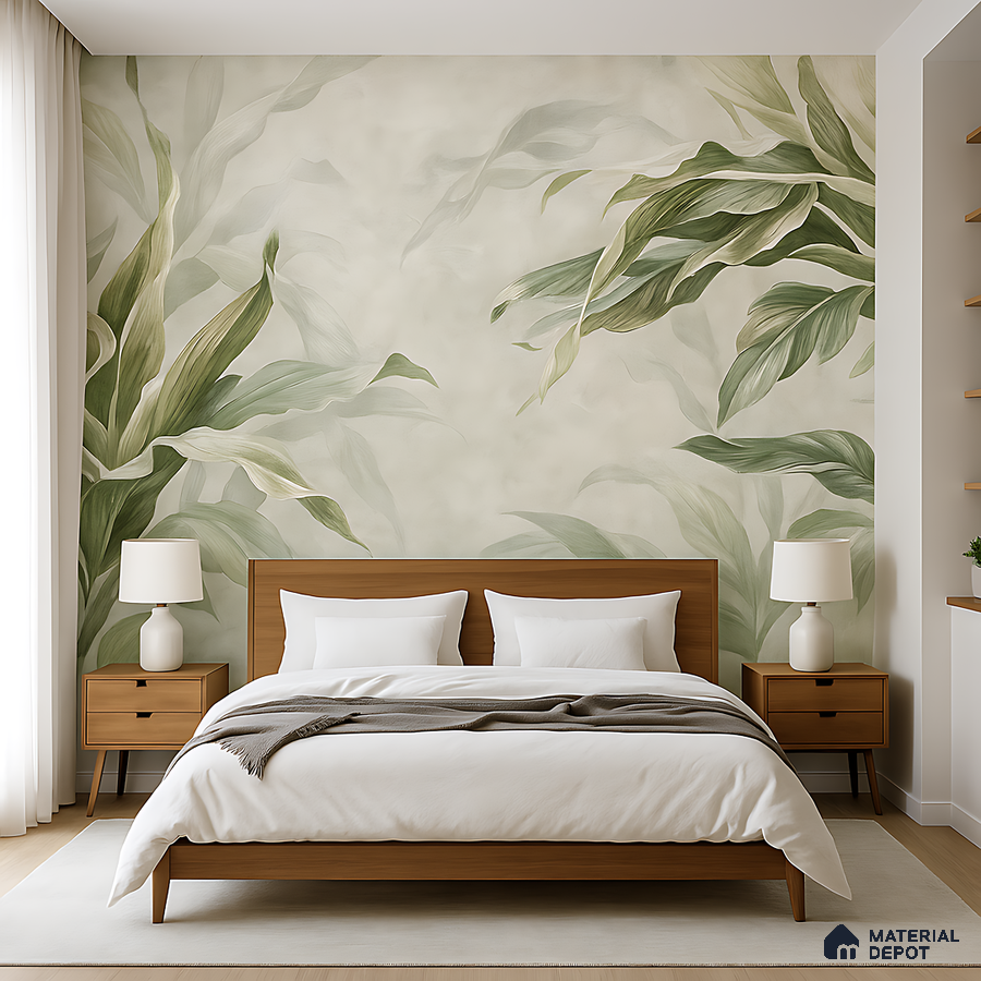 Scandinavian bedroom with botanical wallpaper and natural wood furniture in Bengaluru