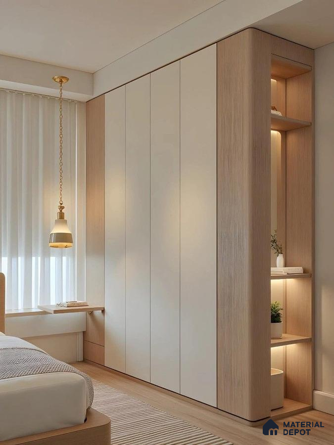 Scandinavian bedroom with frosty white laminate wardrobe and light oak wood panels | Material Depot