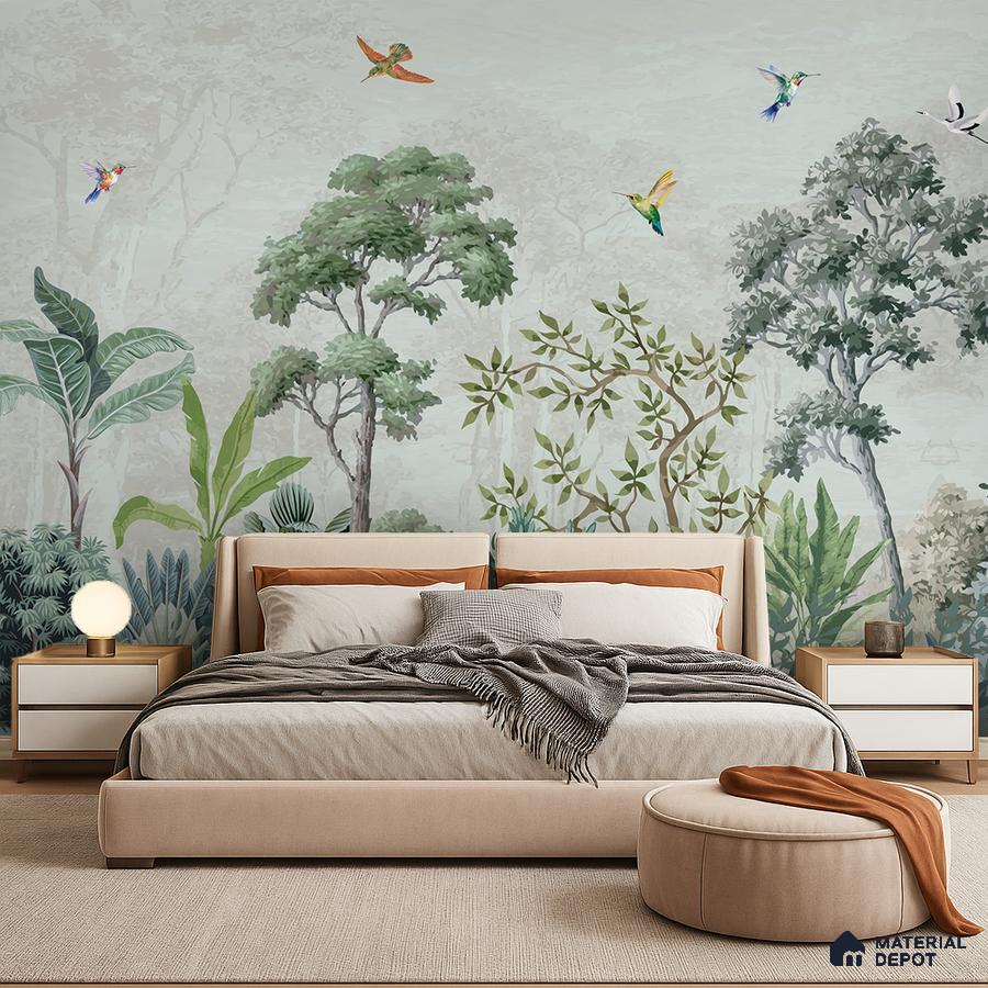 Scandinavian bedroom with nature-inspired tropical wallpaper and beige upholstered bed in Bengaluru