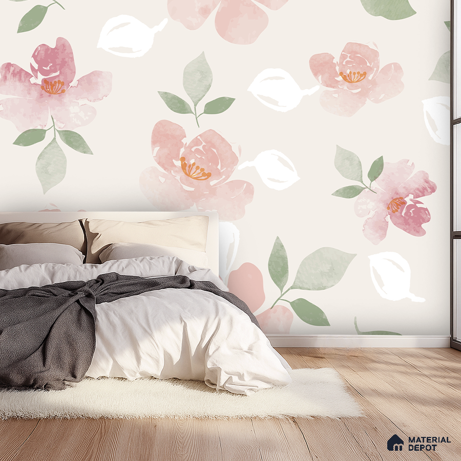 Scandinavian bedroom with pastel floral wallpaper and light wood flooring in Bengaluru