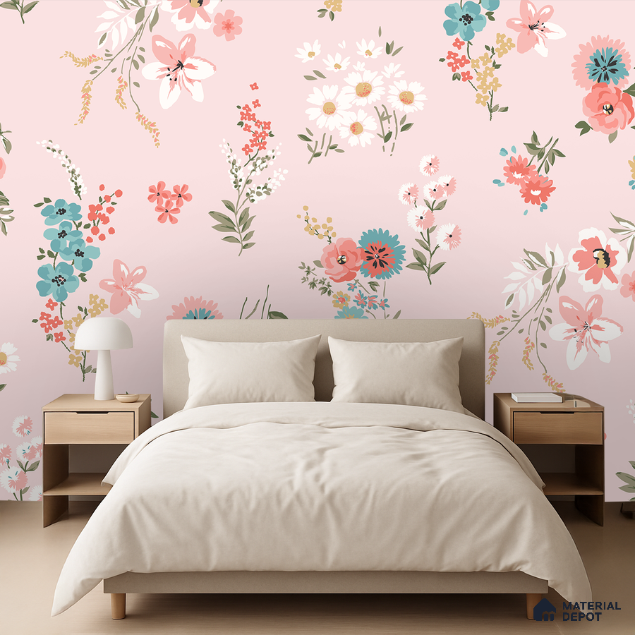 Scandinavian bedroom with pastel floral wallpaper and light wood furniture in Bengaluru