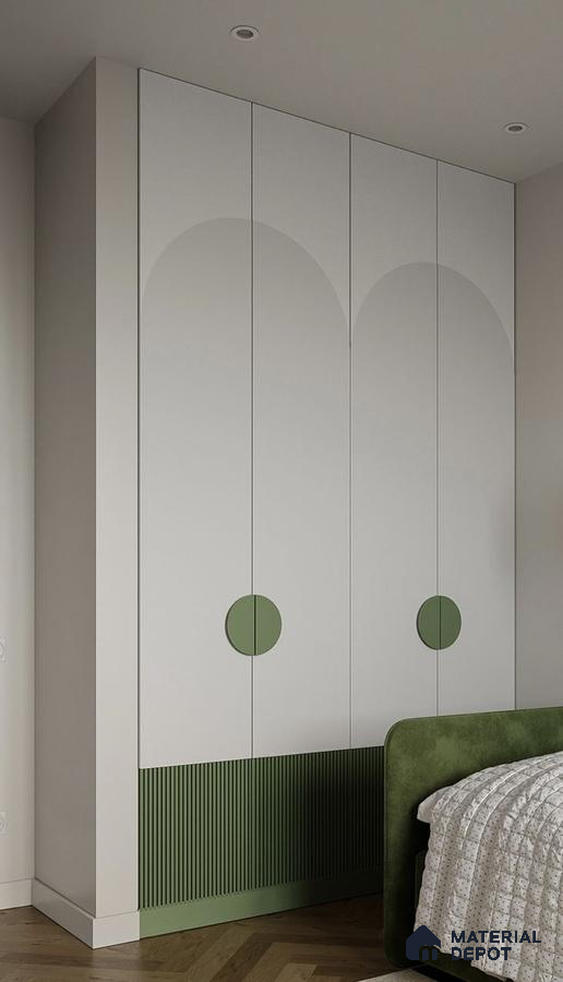 Scandinavian bedroom with sage green fluted laminate wardrobe and white solid color laminate | Material Depot