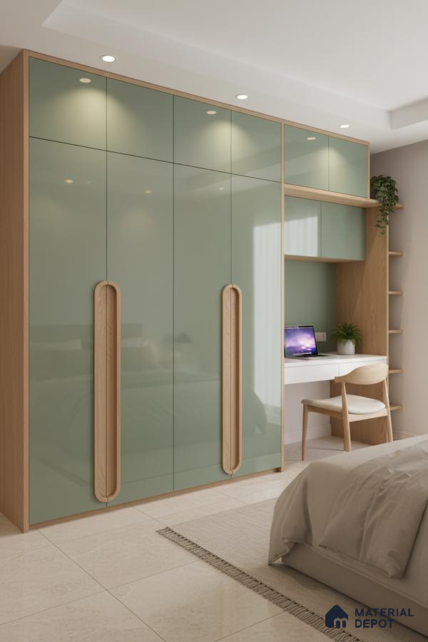 Scandinavian bedroom with sage green high gloss laminate wardrobe and natural oak finish study unit in Bengaluru