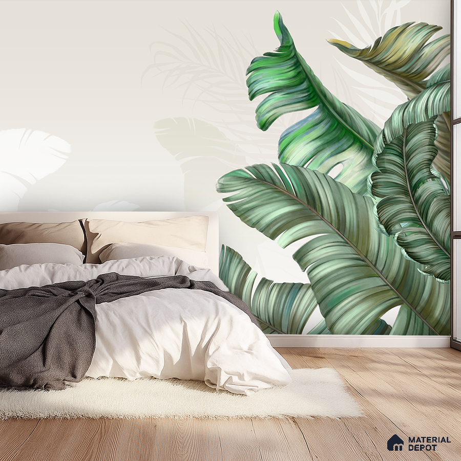 Scandinavian bedroom with tropical wallpaper and light oak wooden flooring in Bengaluru