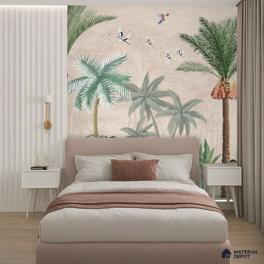 Scandinavian bedroom with tropical wallpaper, blush upholstered bed, and light wood flooring in Bengaluru