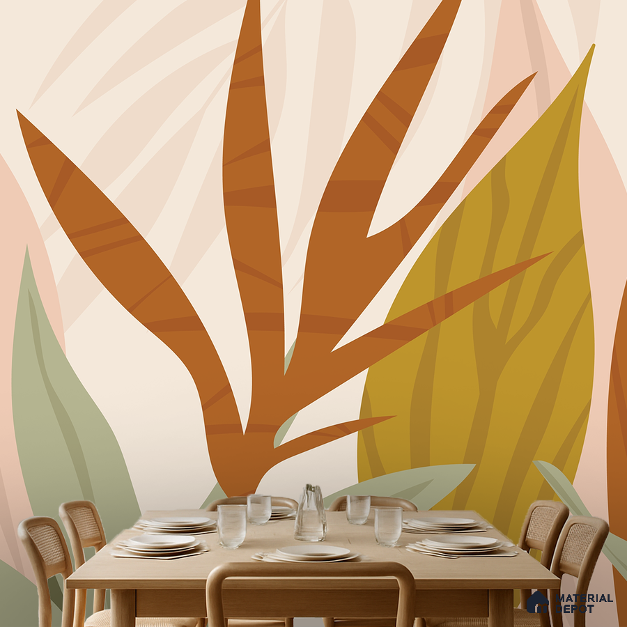 Scandinavian dining room with abstract tropical wallpaper and natural wood dining set in Bengaluru