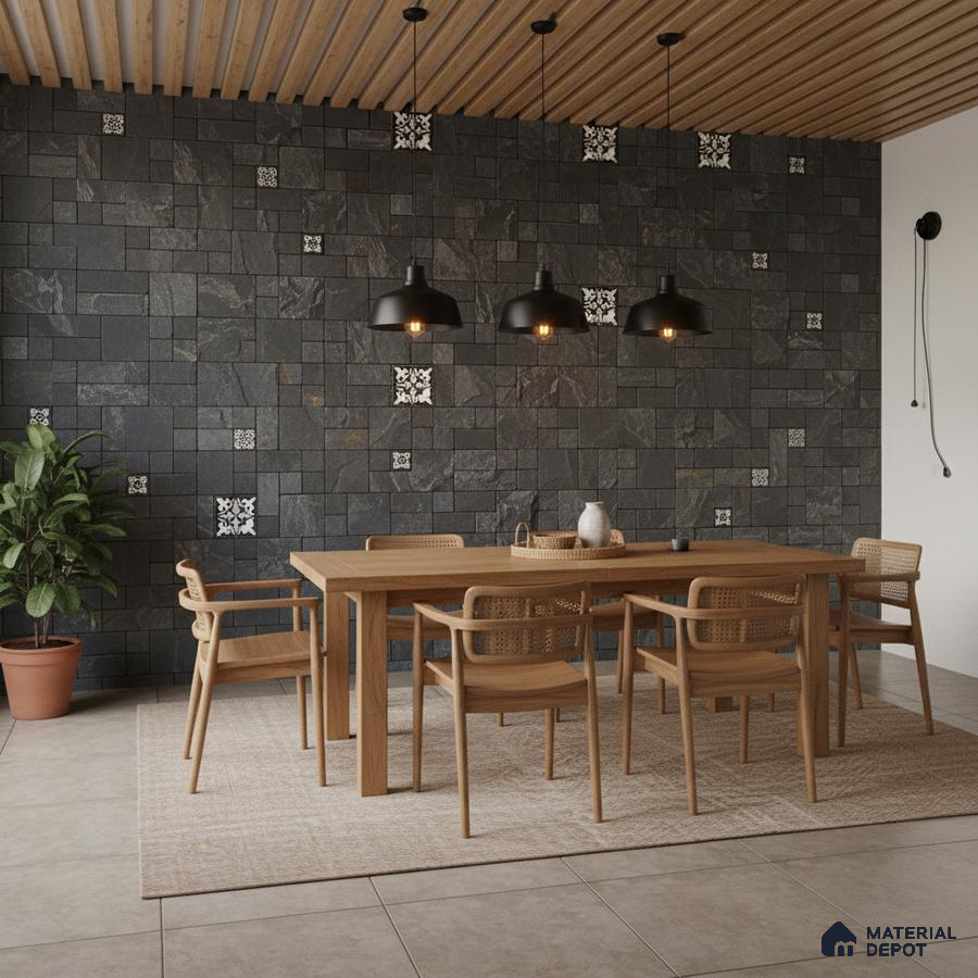 Scandinavian dining room with black slate wall tiles, patterned accent tiles, and natural oak wood furniture in Bengaluru