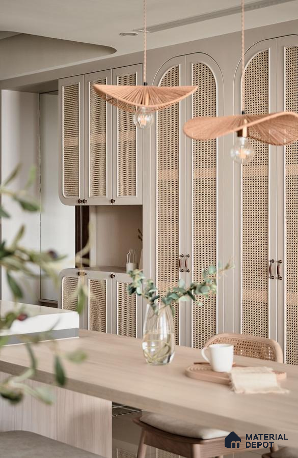 Scandinavian dining room Cubboard with cane shutters and light oak wood table | Material Depot