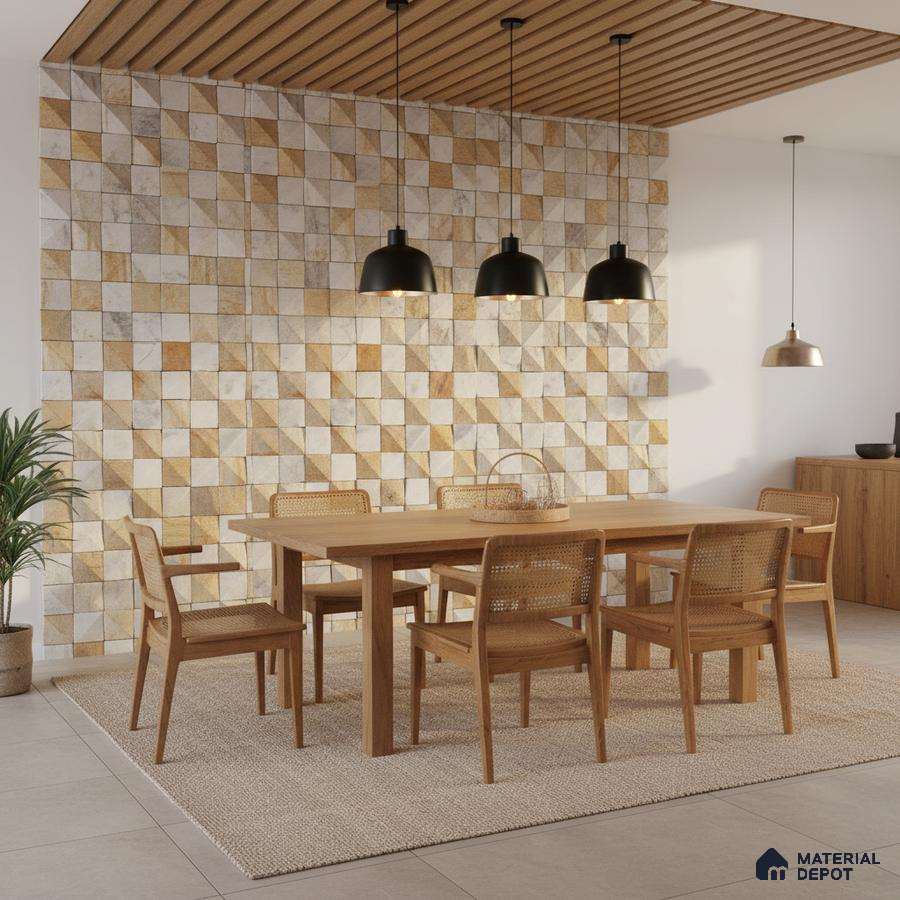 Scandinavian dining room with geometric stone wall tiles and natural oak wood furniture in Bengaluru