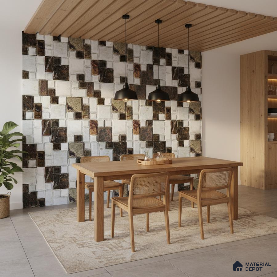 Scandinavian dining room with geometric stone wall tiles and natural oak wood furniture in Bengaluru
