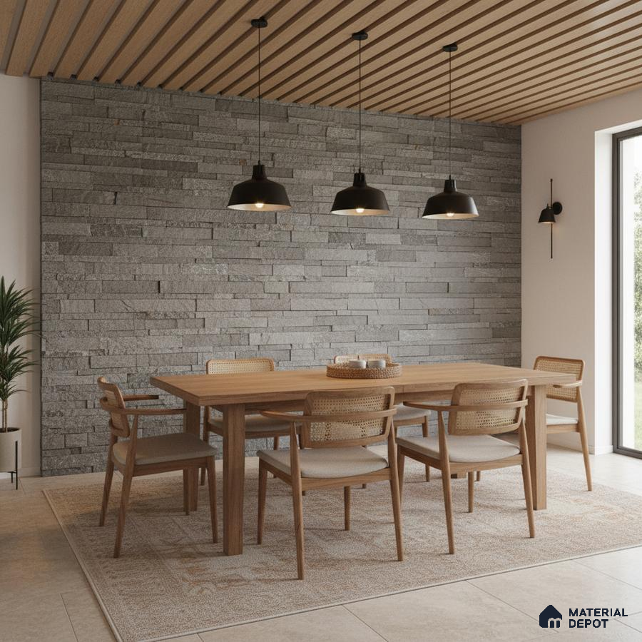 Scandinavian dining room with grey stone cladding wall and natural oak wood slat ceiling in Bengaluru