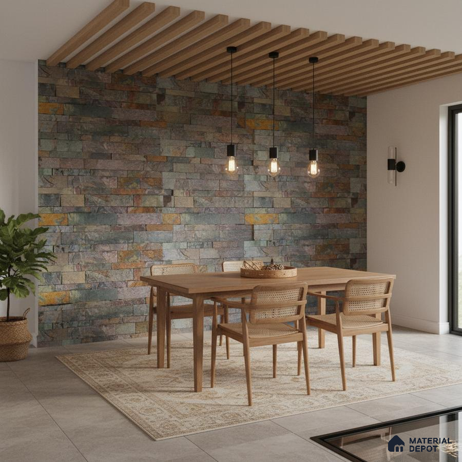 Scandinavian dining room with multicolor stone cladding wall and natural wood dining set in Bengaluru