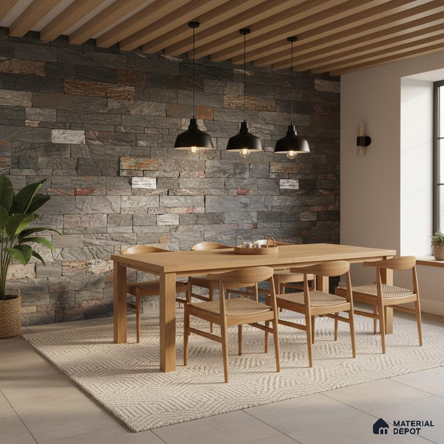 Scandinavian dining room with natural oak dining set, stone cladding accent wall, and wooden slat ceiling in Bengaluru