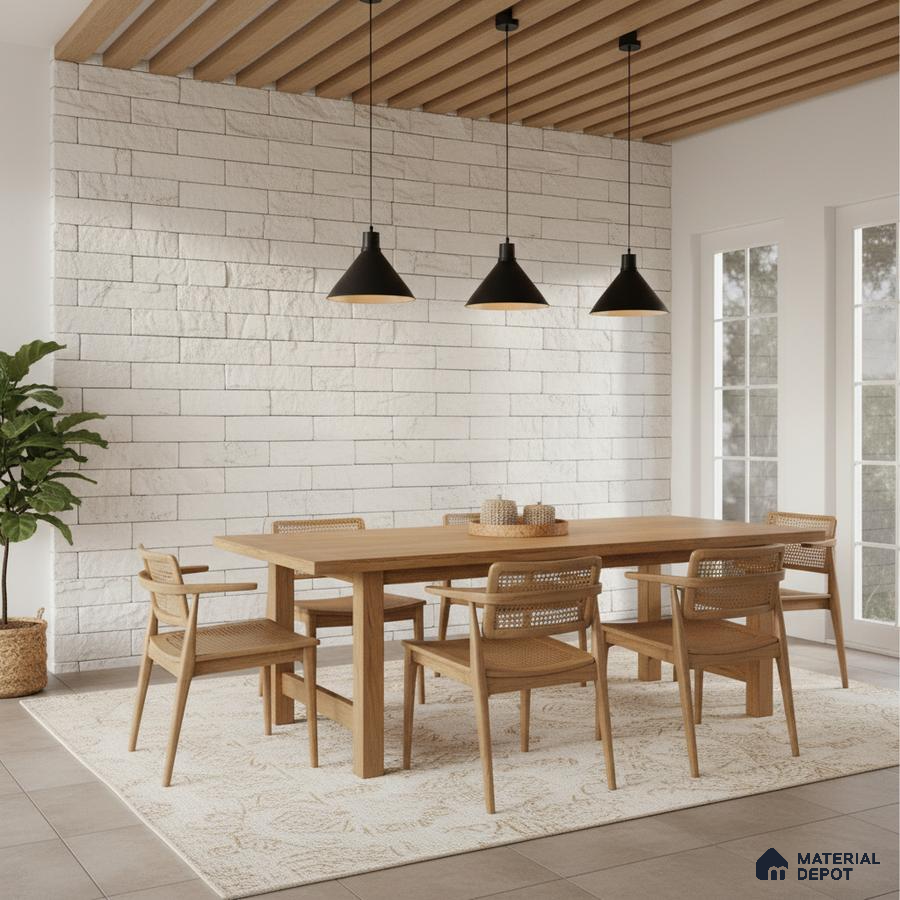 Scandinavian dining room with natural oak wood furniture, white stone cladding wall, and wooden ceiling louvers in Bengaluru