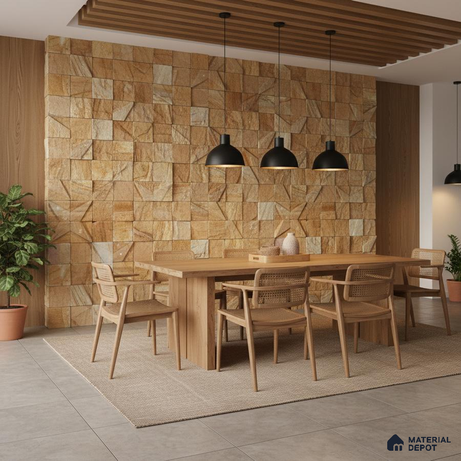 Scandinavian dining room with natural stone cladding accent wall and light oak wood dining set in Bengaluru