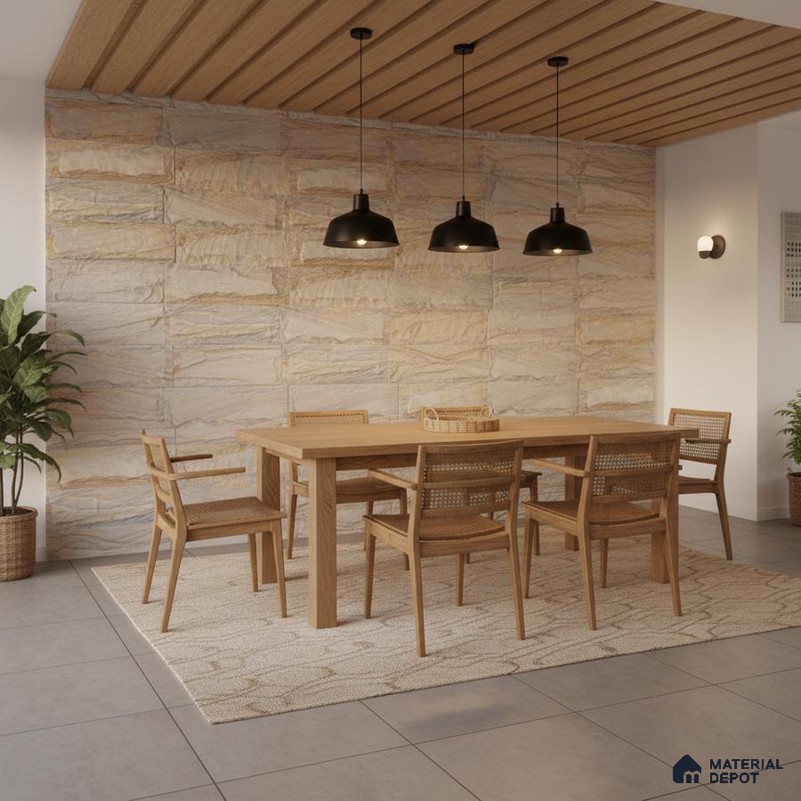 Scandinavian dining room with natural stone cladding wall and oak wood dining set in Bengaluru
