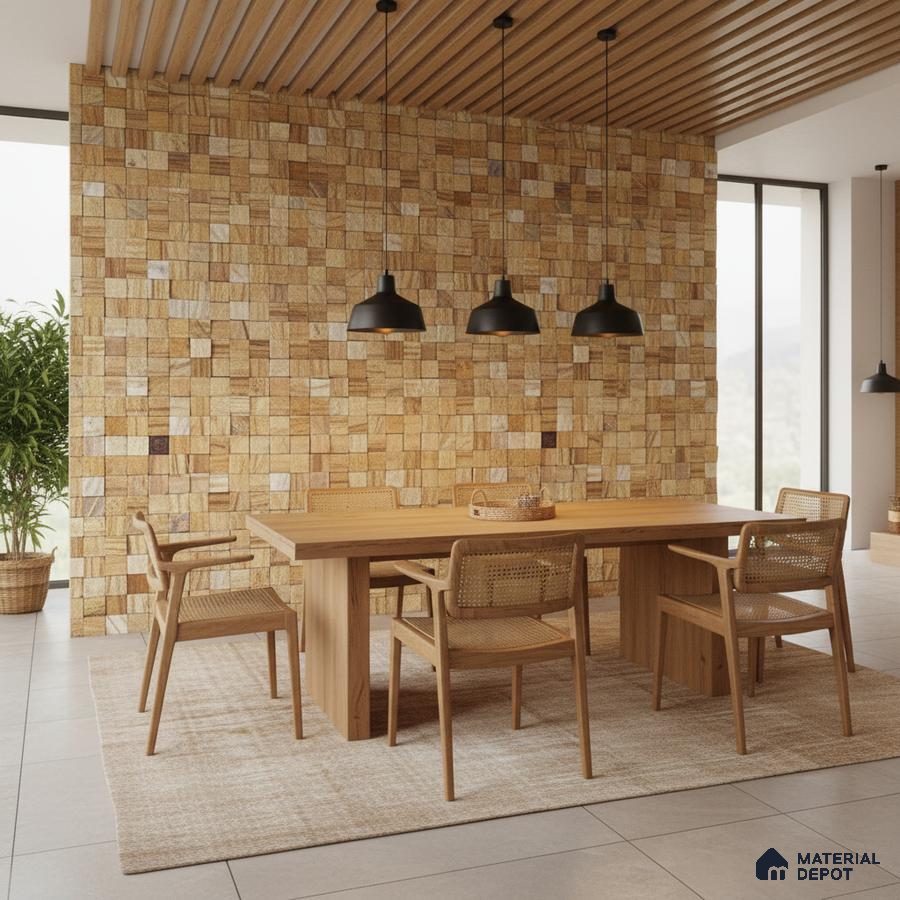 Scandinavian dining room with natural wood dining set and beige stone cladding accent wall in Bengaluru