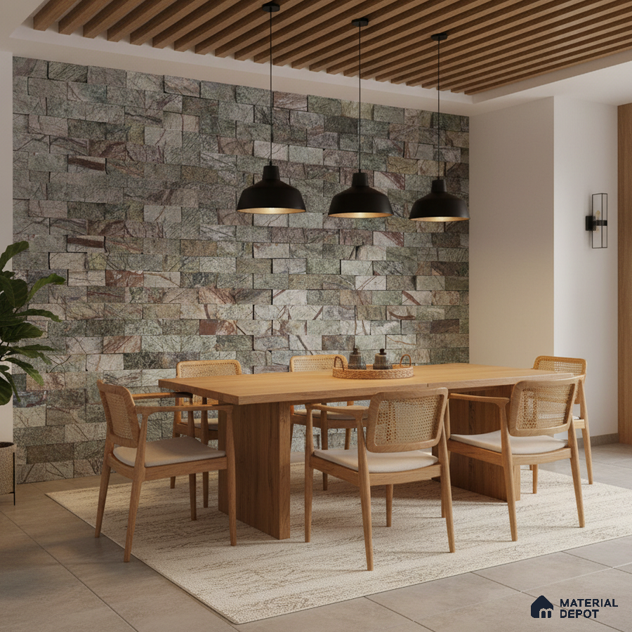 Scandinavian dining room with natural wood dining set, stone cladding accent wall, and wooden ceiling louvers in Bengaluru