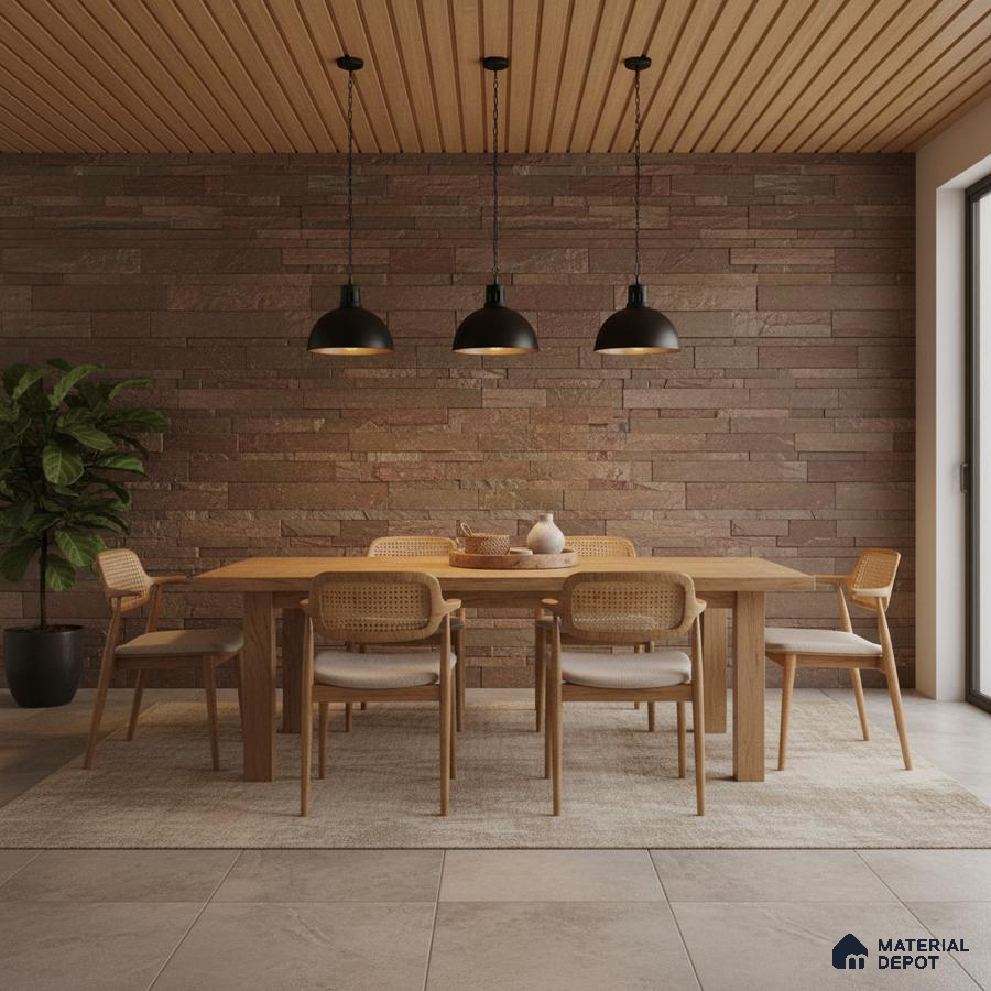 Scandinavian dining room with natural wood dining set, stone cladding accent wall, and wooden slat ceiling in Bengaluru