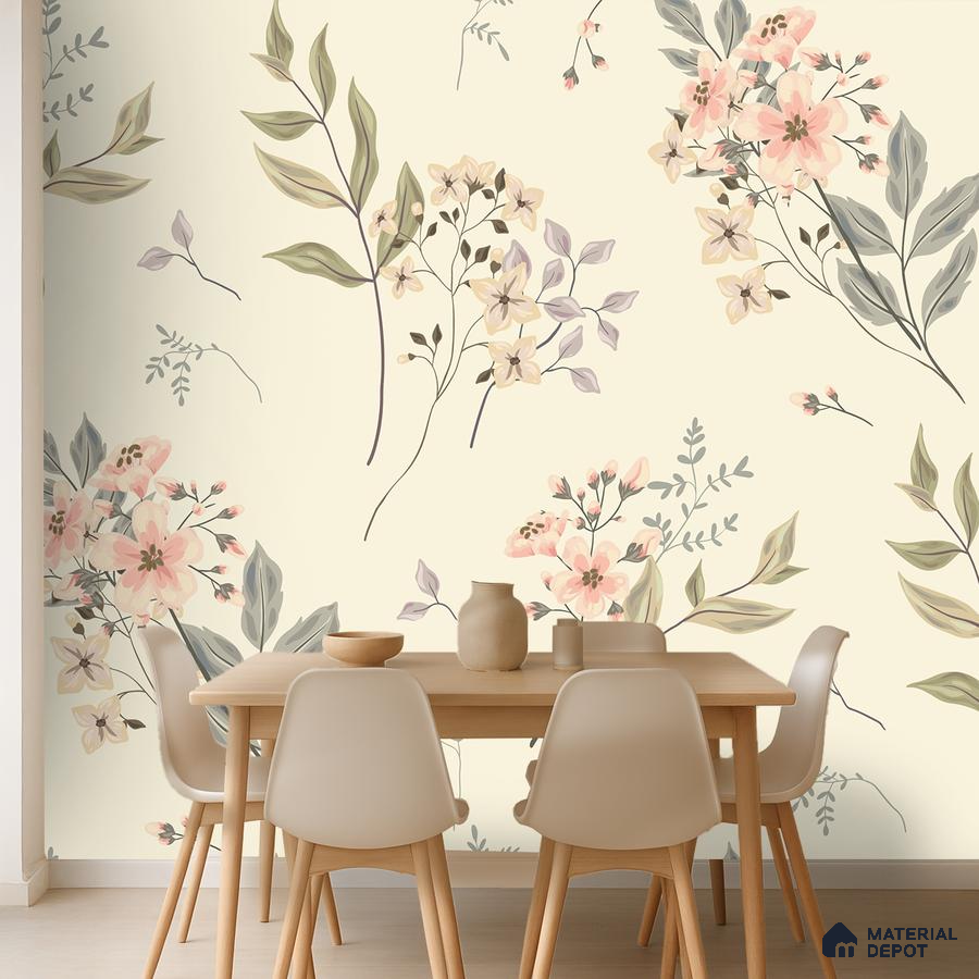 Scandinavian dining room with pastel floral wallpaper and light wood dining set in Bengaluru