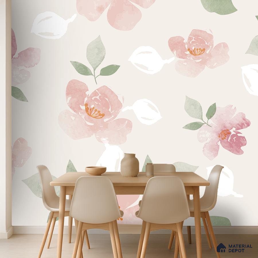 Scandinavian dining room with pastel floral wallpaper and light wood dining set in Bengaluru
