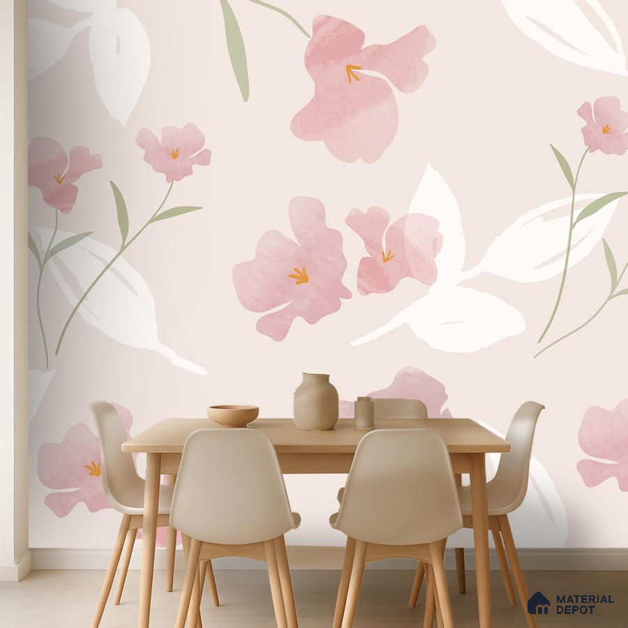Scandinavian dining room with pastel floral wallpaper and light wood furniture in Bengaluru