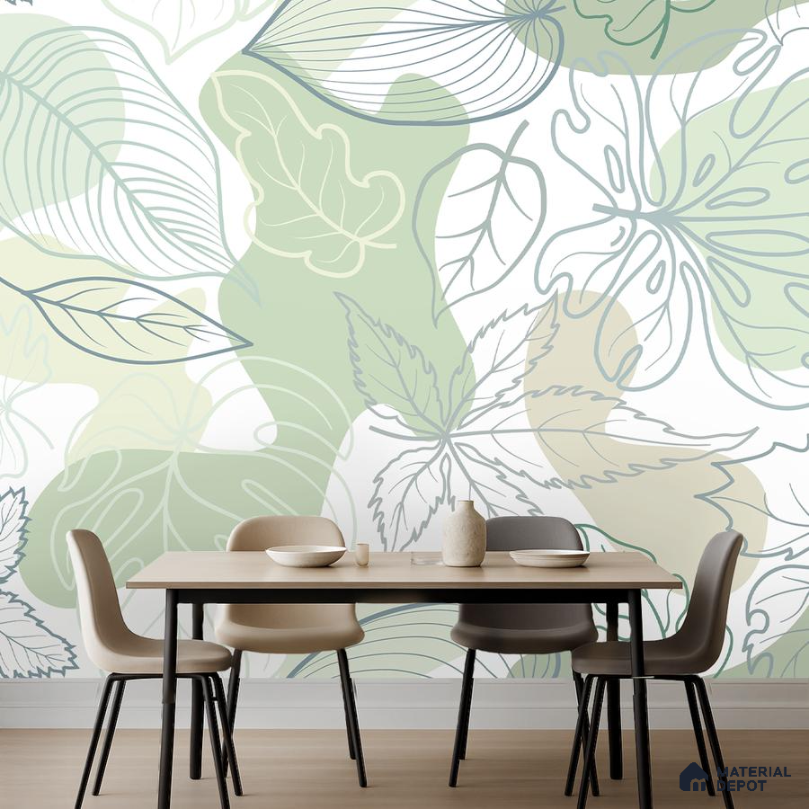 Scandinavian dining room with pastel green botanical wallpaper and light wood table in Bengaluru
