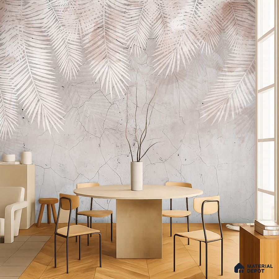 Scandinavian dining room with pastel palm patterned wallpaper and light wood chevron flooring in Bengaluru