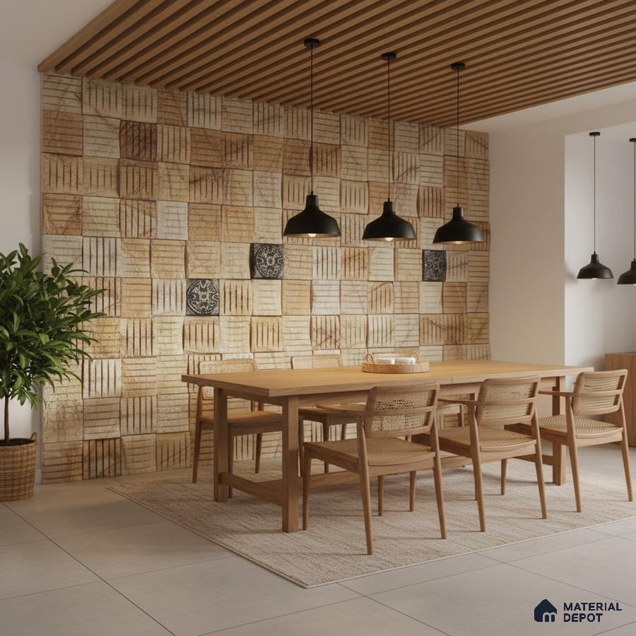 Scandinavian dining room with patterned beige wall tiles, oak wood dining set, and wooden slat ceiling in Bengaluru