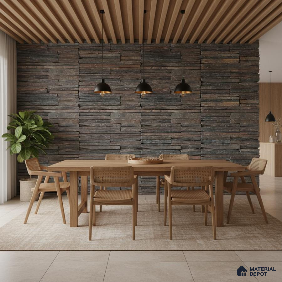 Scandinavian dining room with stacked stone cladding, oak wood dining set, and wooden slat ceiling in Bengaluru