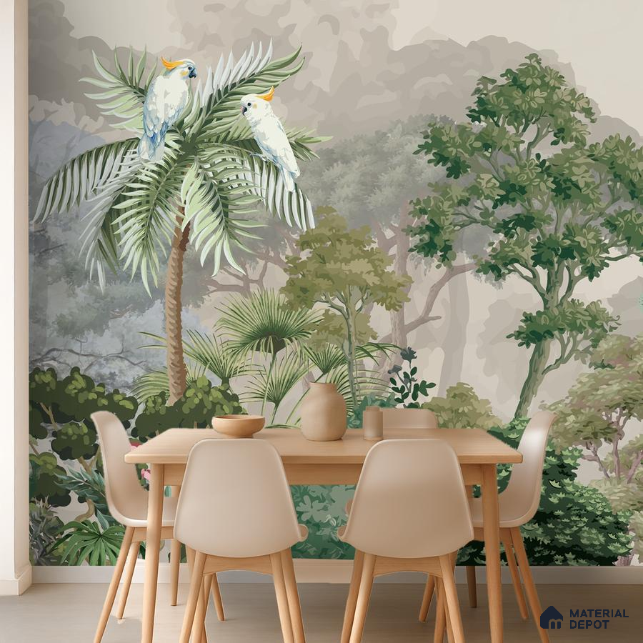 Scandinavian dining room with tropical nature wallpaper and light wood dining set in Bengaluru