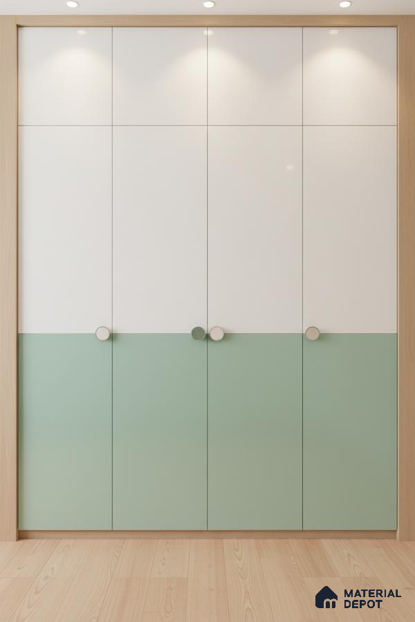 Scandinavian dual tone wardrobe with frosty white and sage green laminate and light oak framing in Bengaluru