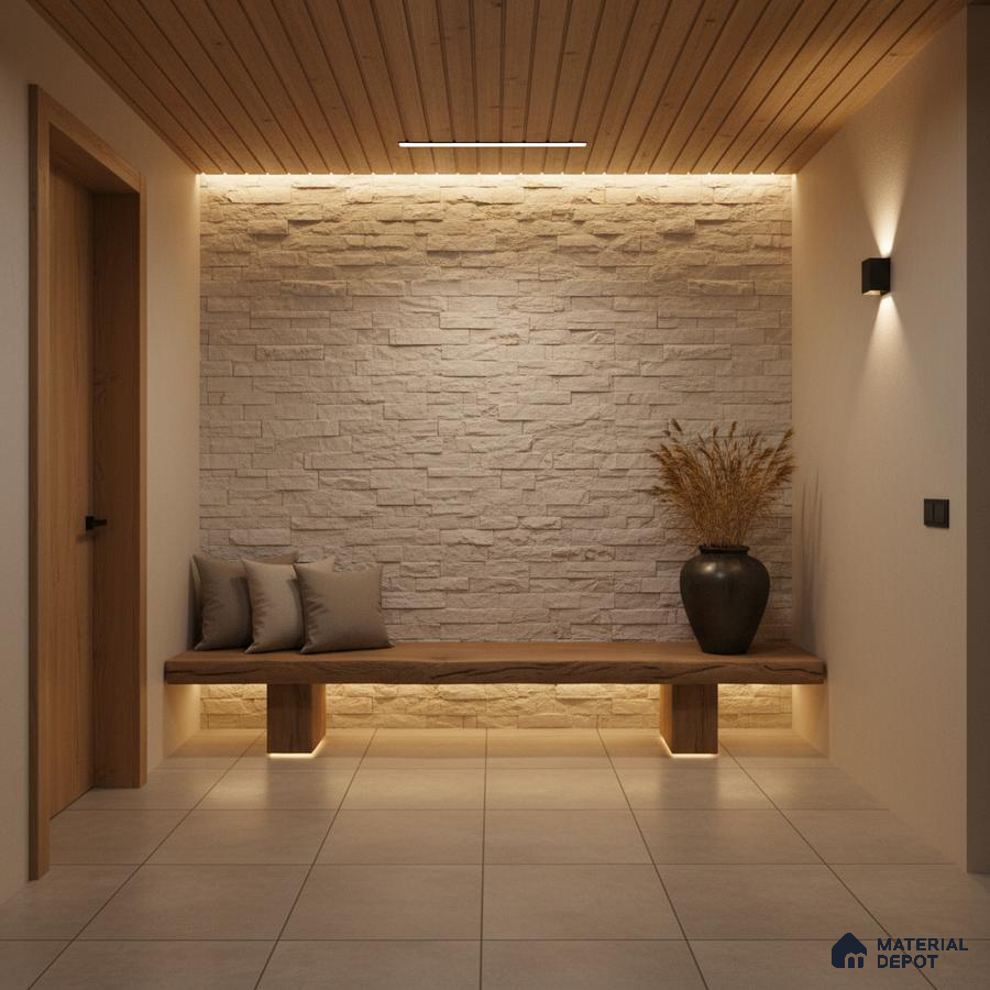 Scandinavian foyer with beige stone cladding, natural wood ceiling, and large format beige floor tiles in Bengaluru