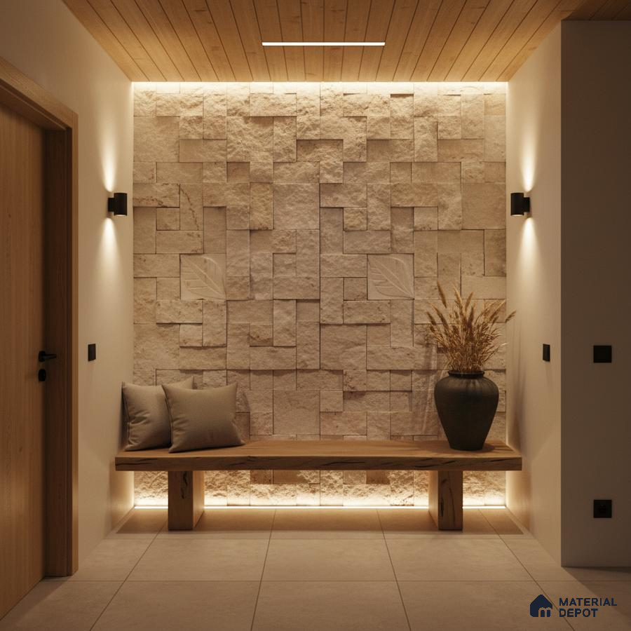 Scandinavian foyer with beige stone cladding, wooden ceiling, and minimalist bench in Bengaluru