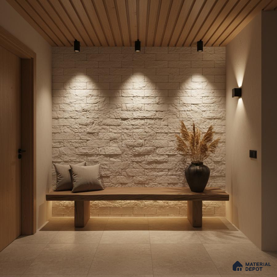 Scandinavian foyer with beige stone cladding, wooden ceiling louvers, and light beige floor tiles in Bengaluru