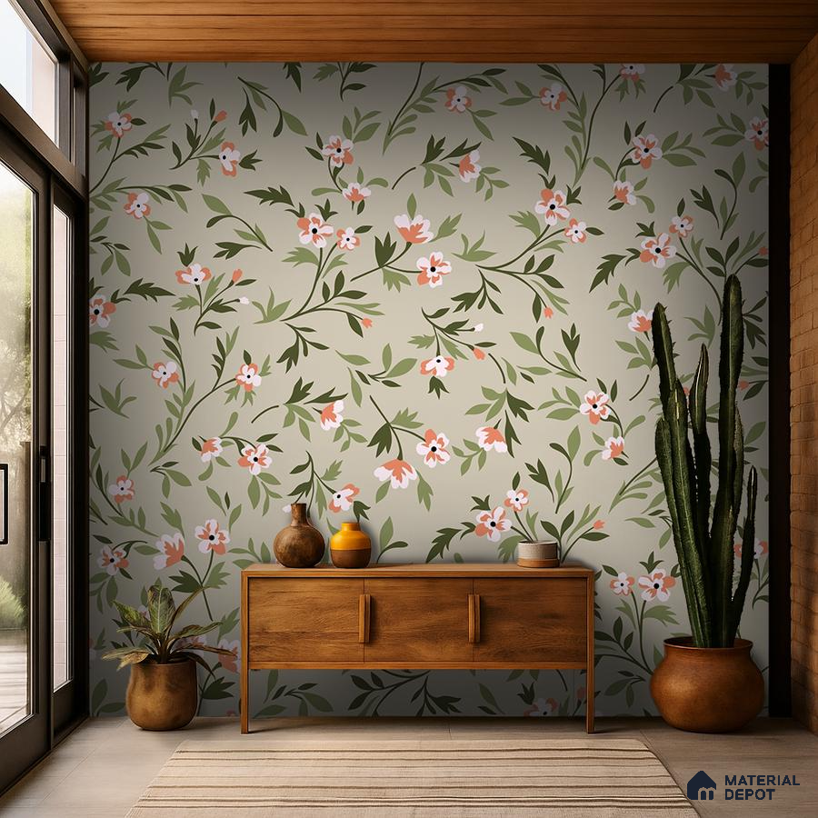 Scandinavian foyer with floral wallpaper and natural wood console in Bengaluru