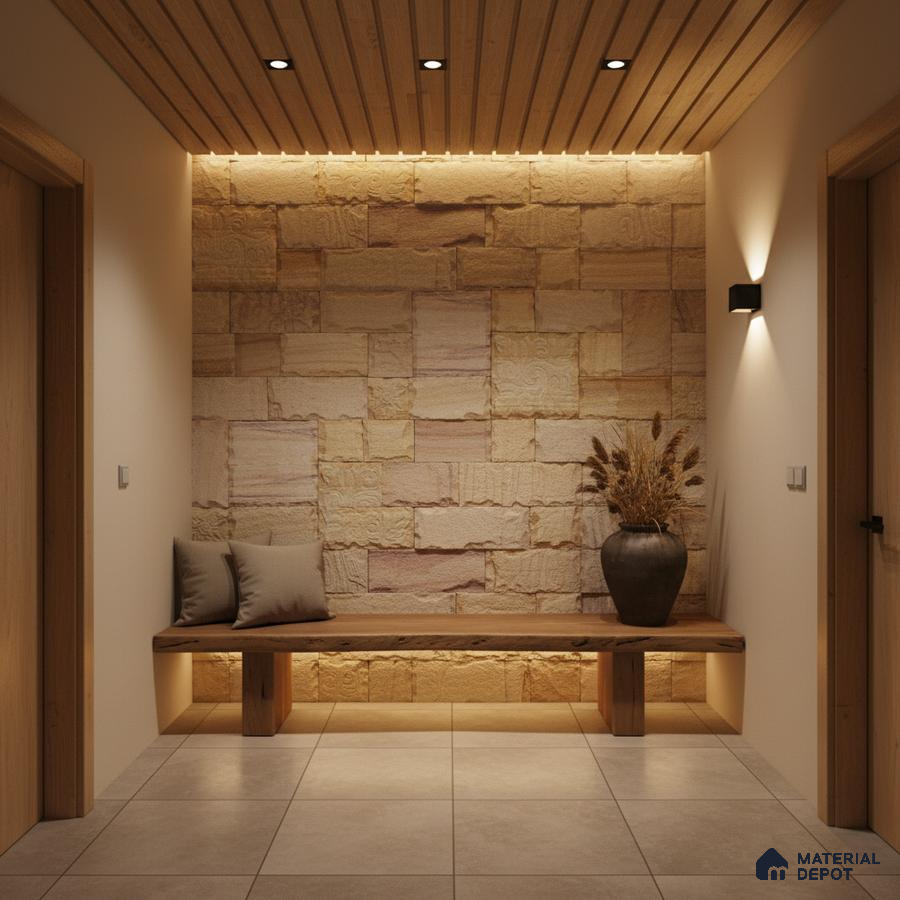 Scandinavian foyer with natural stone cladding, wooden ceiling panels, and minimalist bench seating in Bengaluru