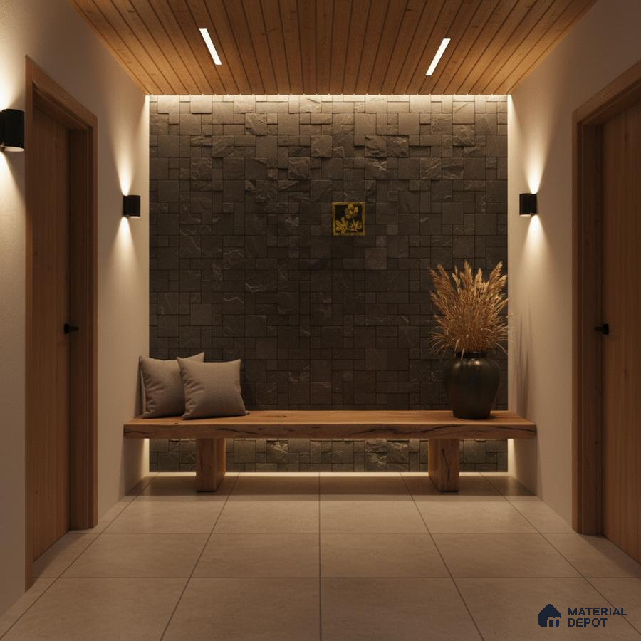 Scandinavian foyer with natural wood ceiling, stone cladding accent wall, and large format beige floor tiles in Bengaluru