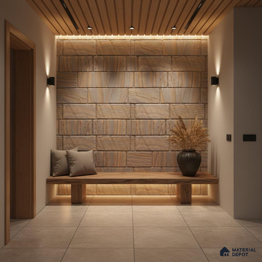 Scandinavian foyer with natural wood cladding, beige stone wall tiles, and wooden ceiling panels in Bengaluru