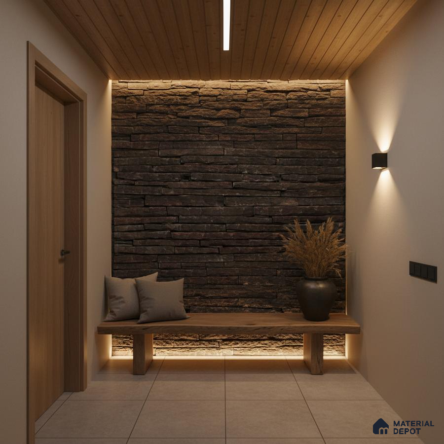 Scandinavian foyer with stacked stone cladding, natural wood bench, and beige floor tiles in Bengaluru