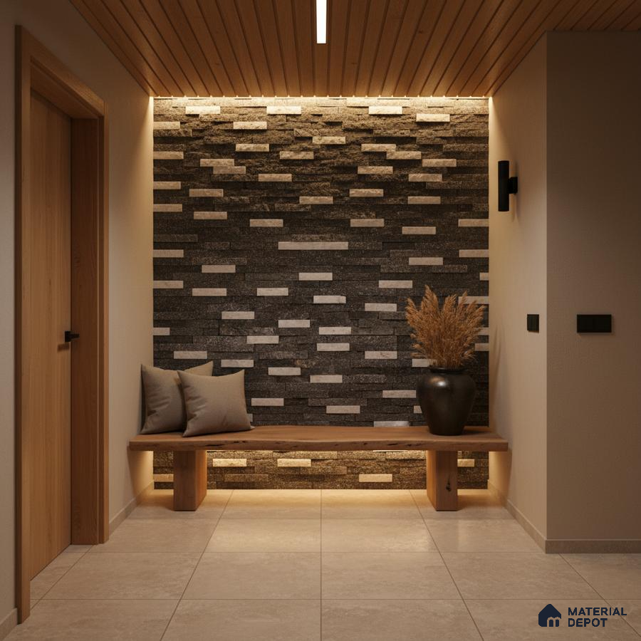 Scandinavian foyer with stacked stone cladding, wooden ceiling, and beige floor tiles in Bengaluru