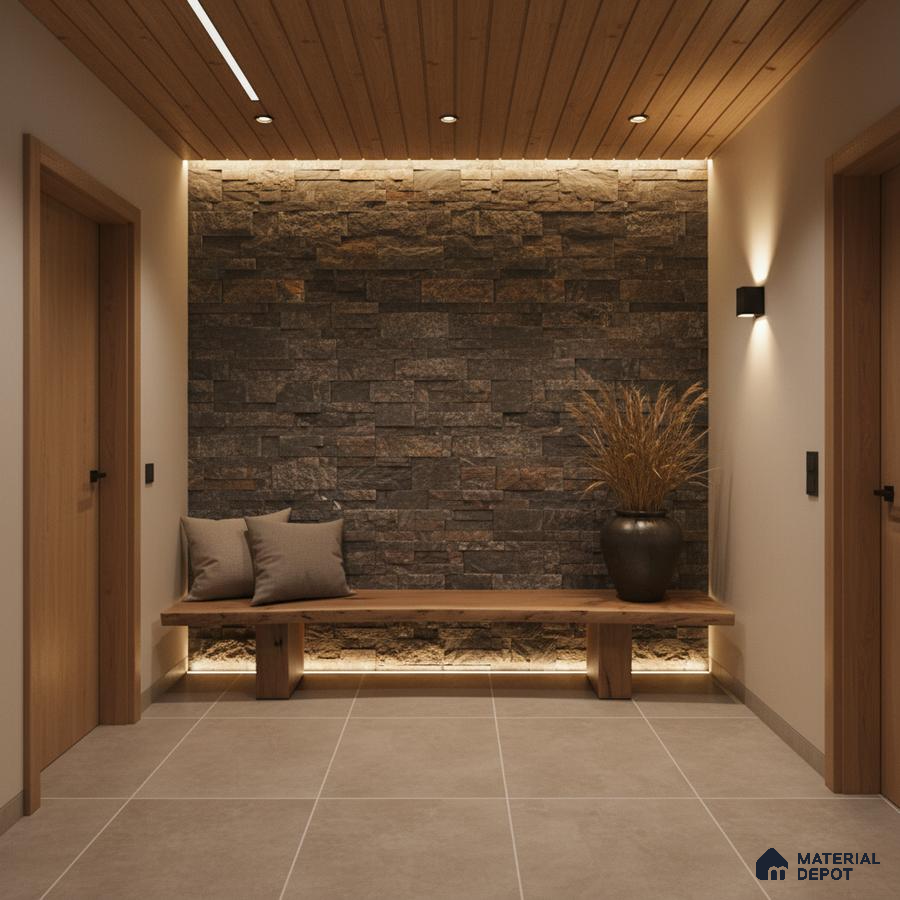 Scandinavian foyer with stone cladding accent wall, wooden ceiling, and beige floor tiles in Bengaluru
