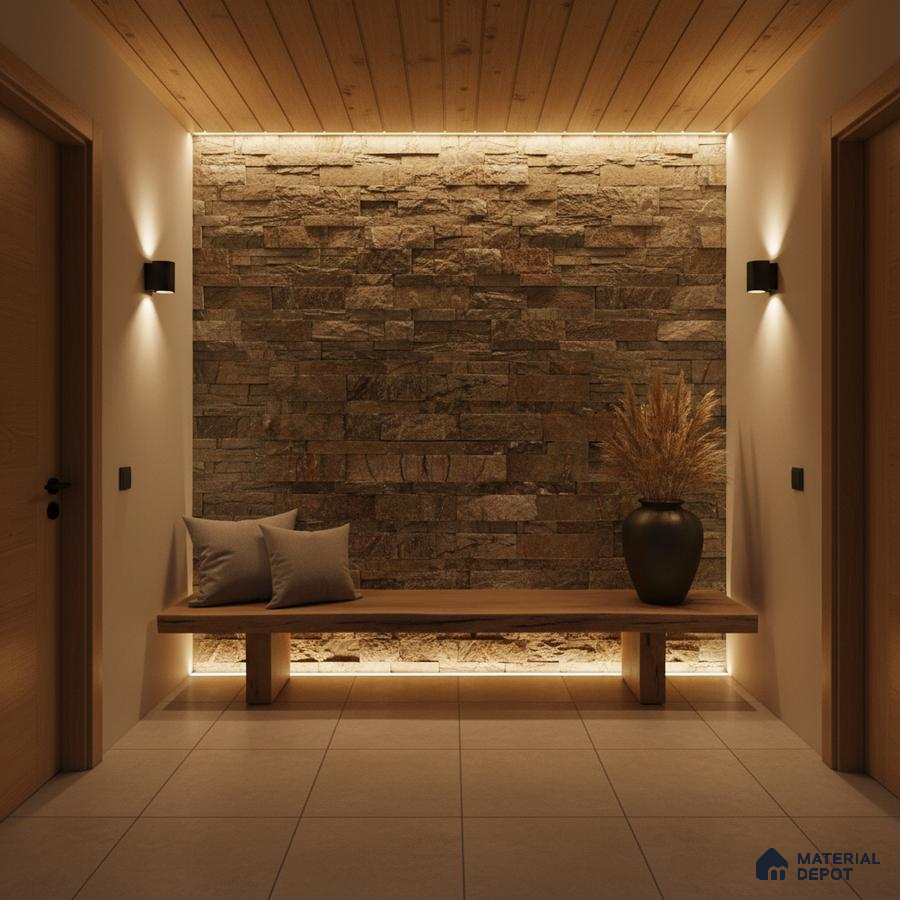 Scandinavian foyer with stone cladding accent wall, wooden ceiling, and minimalist bench in Bengaluru