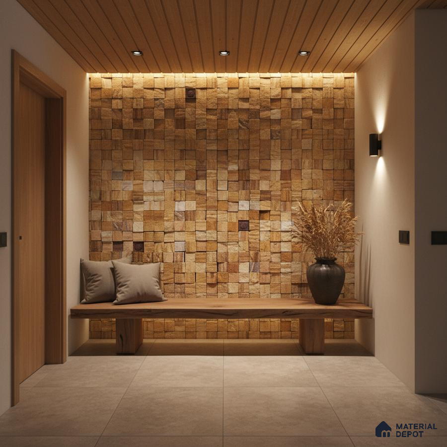 Scandinavian foyer with textured wood cladding, wooden ceiling, and beige floor tiles in Bengaluru