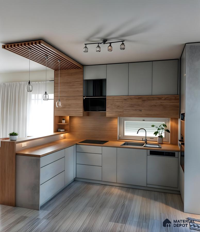 Scandinavian-Inspired U-Shaped Kitchen With Wooden Accents And Grey Cabinets | Material Depot
