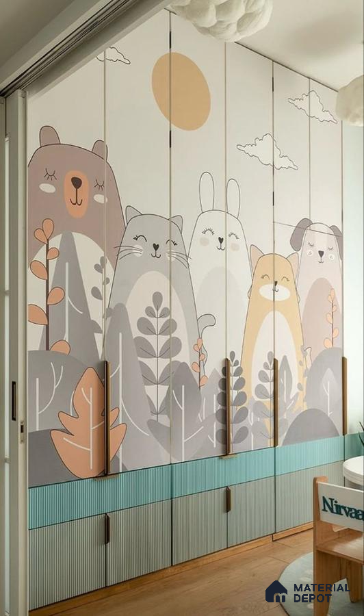 Scandinavian kids room wardrobe with animal print wallpaper and pastel fluted laminate | Material Depot